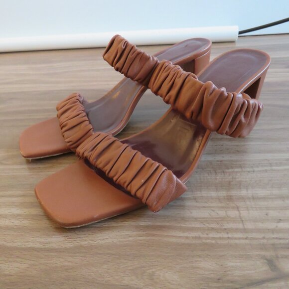 STAUD Frankie Ruched Block Heel Mule Slip On Shoes in Tan Leather - Size US 8 - Picture 2 of 16